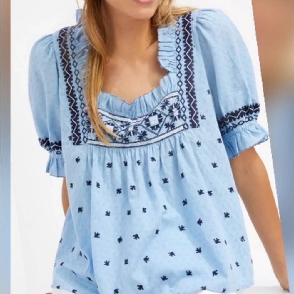 Anthropologie Seen Worn Kept Light Blue Embroidered Blouse